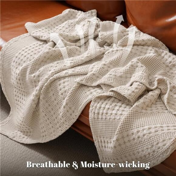 100% Cotton Waffle Weave Throw Blanket, Soft Lightweight Breathable Cozy - Picture 3 of 7